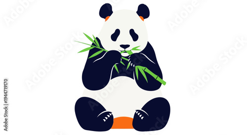 Cute Panda eating bamboo leaves, isolated on white background, flat design illustration