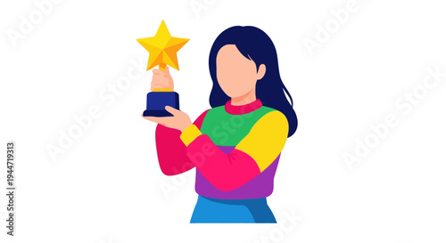 Woman holding a golden star trophy, achievement award, success concept, flat illustration
