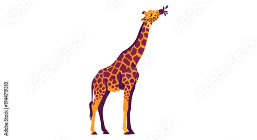 Giraffe eating leaves from a tree, minimalist flat illustration, white background