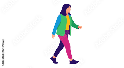 Woman walking, flat illustration, modern style, colorful outfit, white background