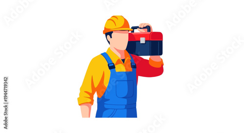 Construction worker carrying toolbox, wearing hard hat and overalls, ready for work
