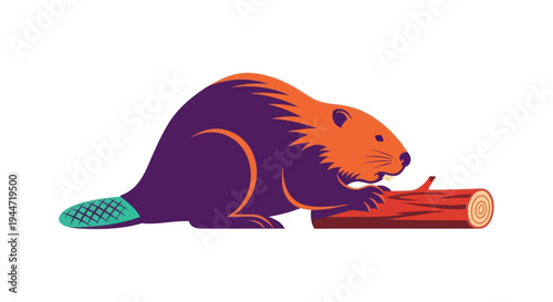 Stylized Beaver Gnawing on Tree Trunk, Vector Illustration