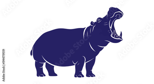 Silhouette of a dark blue hippo with mouth open, isolated on white background.