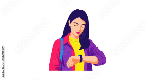 Young Woman Checking Smartwatch, Waiting Patiently, Isolated on White Background