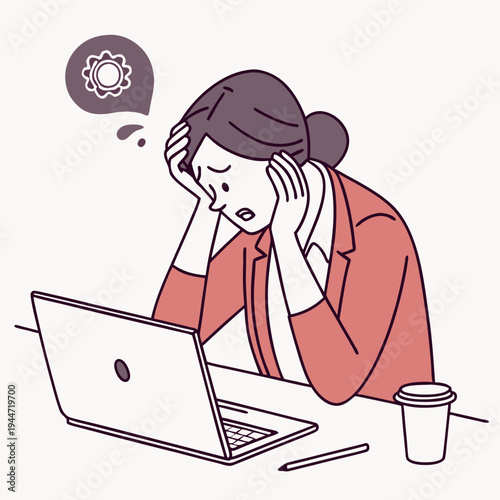 Girl under stress. Woman sits in office at laptop and holds her head. Panic and pressure at work. Overworked and tired employee with emotional burnout. Cartoon flat vector .