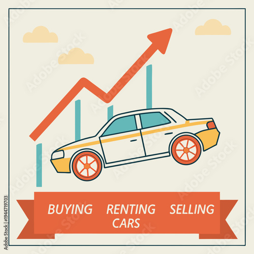 Car sales market. Poster with automobile on growth arrow pointing up. Rising cost of vehicles. Banner with car for buying, renting or selling. Design element for website. Flat vector .
