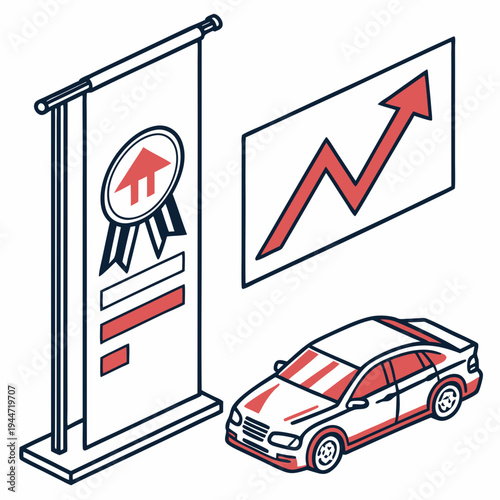 Car sales market. Poster with automobile on growth arrow pointing up. Rising cost of vehicles. Banner with car for buying, renting or selling. Design element for website. Flat vector .