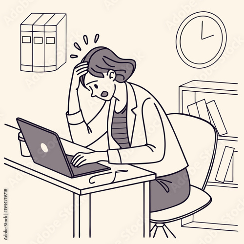 Girl under stress. Woman sits in office at laptop and holds her head. Panic and pressure at work. Overworked and tired employee with emotional burnout. Cartoon flat vector .