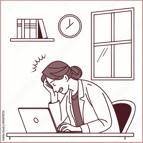 Girl under stress. Woman sits in office at laptop and holds her head. Panic and pressure at work. Overworked and tired employee with emotional burnout. Cartoon flat vector .