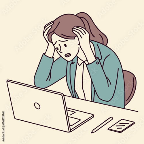Girl under stress. Woman sits in office at laptop and holds her head. Panic and pressure at work. Overworked and tired employee with emotional burnout. Cartoon flat vector .