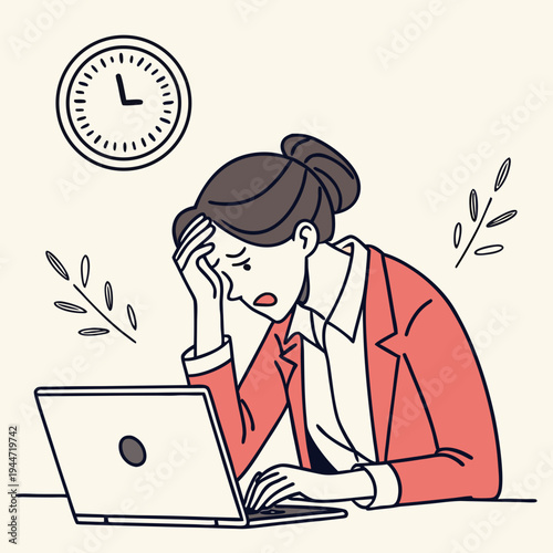 Girl under stress. Woman sits in office at laptop and holds her head. Panic and pressure at work. Overworked and tired employee with emotional burnout. Cartoon flat vector .