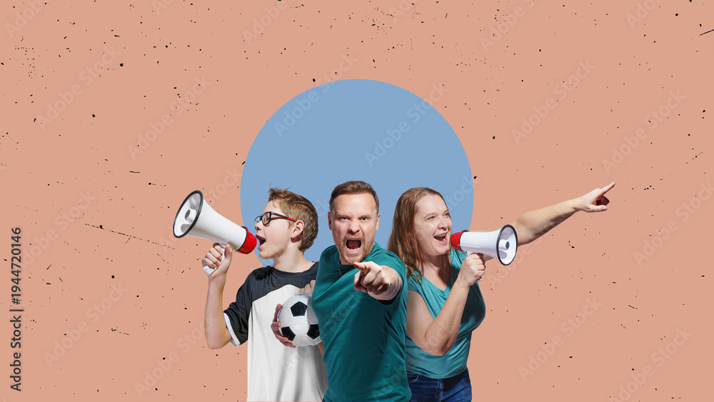 Naklejka premium soccer fans family with megaphones in hand celebrating on isolated on free background