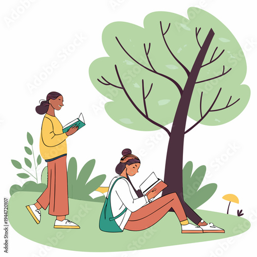 Reading in park. Women with books sit near tree, love of literature and outdoor recreation. Useful hobby, information and knowledge. Poster or banner for website. Cartoon flat vector .