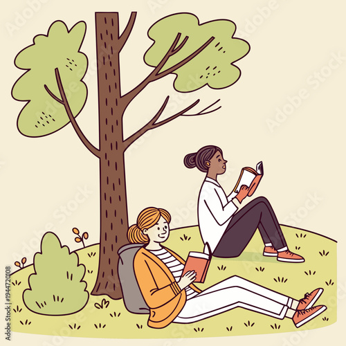 Reading in park. Women with books sit near tree, love of literature and outdoor recreation. Useful hobby, information and knowledge. Poster or banner for website. Cartoon flat vector .