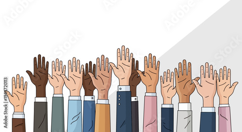 Diverse hands raised in unity and agreement with copy space on white