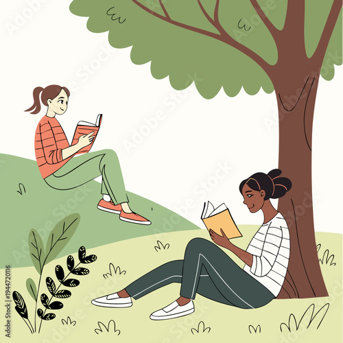 Reading in park. Women with books sit near tree, love of literature and outdoor recreation. Useful hobby, information and knowledge. Poster or banner for website. Cartoon flat vector .