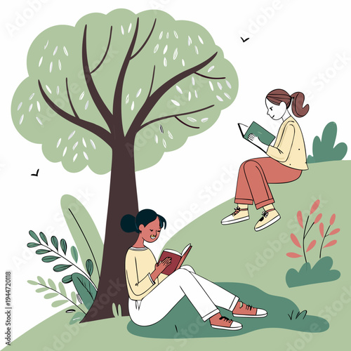 Reading in park. Women with books sit near tree, love of literature and outdoor recreation. Useful hobby, information and knowledge. Poster or banner for website. Cartoon flat vector .