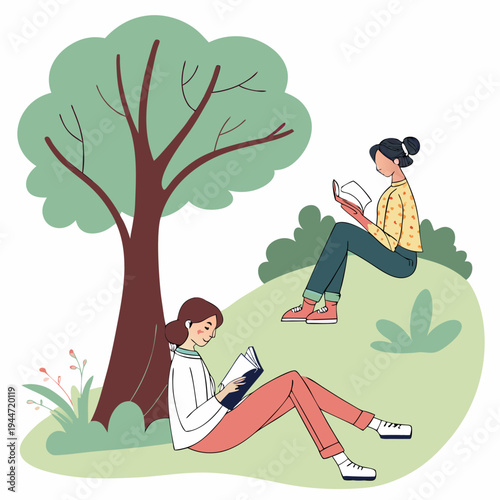 Reading in park. Women with books sit near tree, love of literature and outdoor recreation. Useful hobby, information and knowledge. Poster or banner for website. Cartoon flat vector .