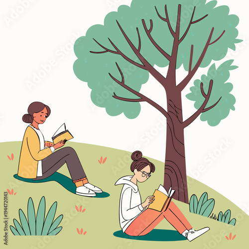 Reading in park. Women with books sit near tree, love of literature and outdoor recreation. Useful hobby, information and knowledge. Poster or banner for website. Cartoon flat vector .