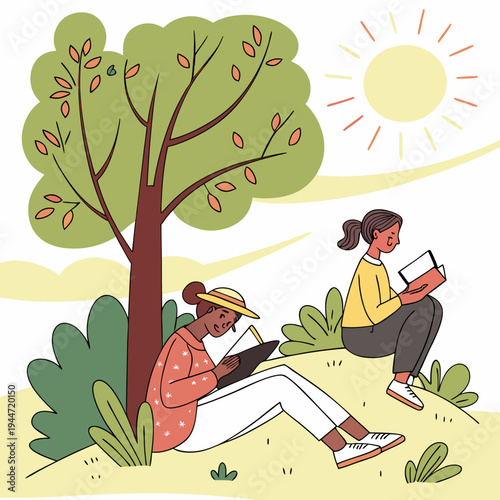 Reading in park. Women with books sit near tree, love of literature and outdoor recreation. Useful hobby, information and knowledge. Poster or banner for website. Cartoon flat vector .