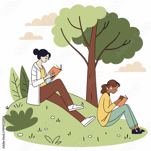 Reading in park. Women with books sit near tree, love of literature and outdoor recreation. Useful hobby, information and knowledge. Poster or banner for website. Cartoon flat vector .
