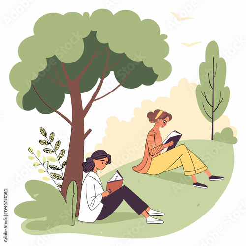 Reading in park. Women with books sit near tree, love of literature and outdoor recreation. Useful hobby, information and knowledge. Poster or banner for website. Cartoon flat vector .