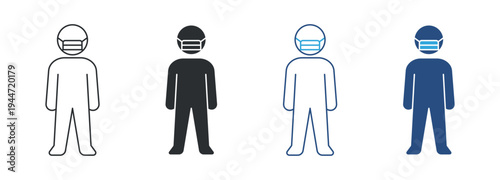 Masked person icon set, person wearing medical face mask icon. Health protection concept. Virus prevention symbol. Vector illustration.