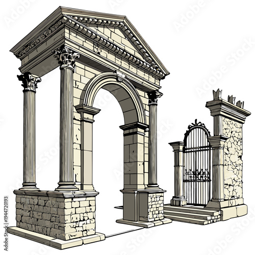 Set of medieval marble arches. Ancient antique columns and stone entrance gates of castles and palaces. Greek and Roman architecture. Realistic 3D vector illustration collection isolated on .