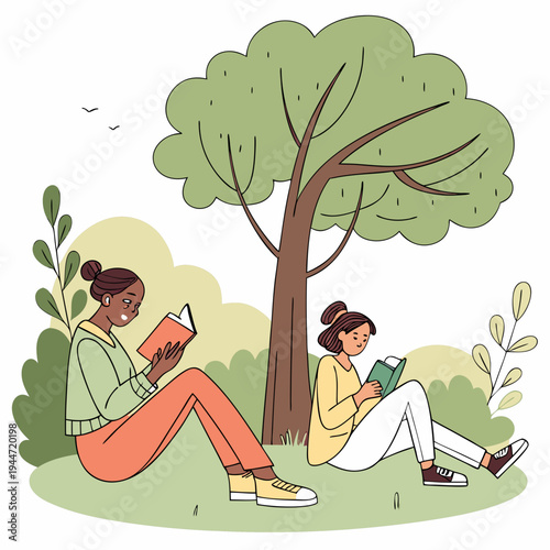 Reading in park. Women with books sit near tree, love of literature and outdoor recreation. Useful hobby, information and knowledge. Poster or banner for website. Cartoon flat vector .