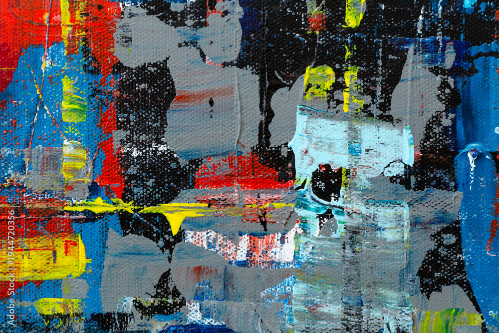 Fototapeta premium Macro close-up of an abstract, messy, bright and colorful acrylic paint background. High resolution full frame textured canvas background.