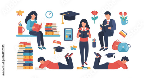 People reading books and educational elements vector illustration on white