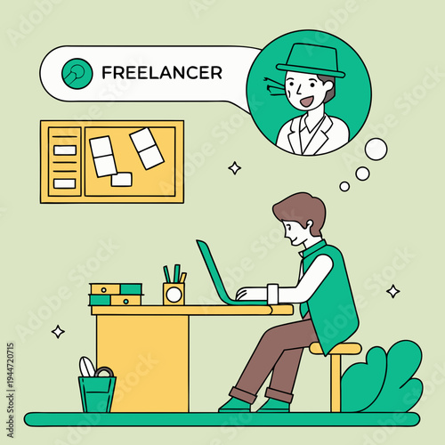 Office worker at desk. Moving banner with happy male company employee or entrepreneur working on computer. Freelancer works online or remotely in comfortable workspace. Graphic animated cartoon .