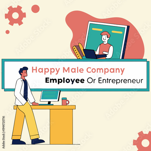 Office worker at desk. Moving banner with happy male company employee or entrepreneur working on computer. Freelancer works online or remotely in comfortable workspace. Graphic animated cartoon .