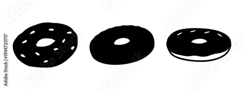 Three black and white donuts illustration, donut dessert drawing, bakery shop graphic design