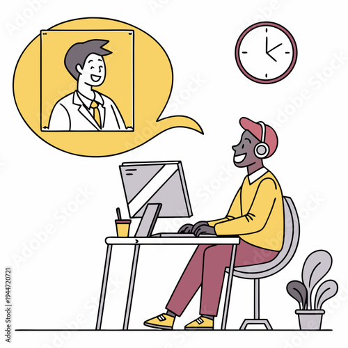 Office worker at desk. Moving banner with happy male company employee or entrepreneur working on computer. Freelancer works online or remotely in comfortable workspace. Graphic animated cartoon .