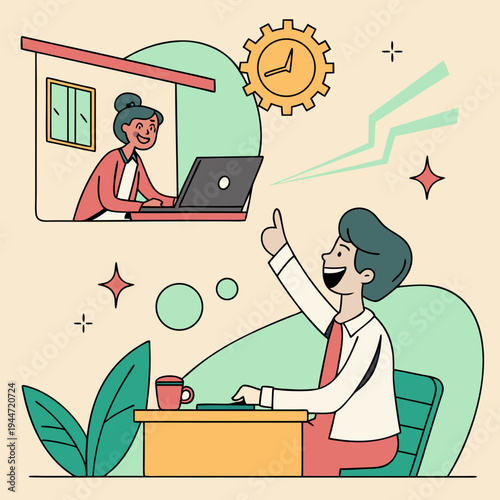 Office worker at desk. Moving banner with happy male company employee or entrepreneur working on computer. Freelancer works online or remotely in comfortable workspace. Graphic animated cartoon .
