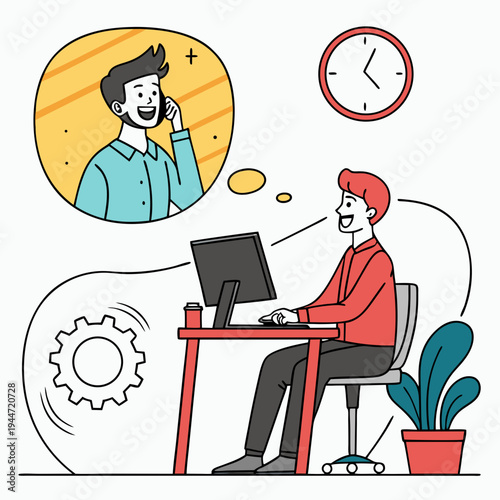 Office worker at desk. Moving banner with happy male company employee or entrepreneur working on computer. Freelancer works online or remotely in comfortable workspace. Graphic animated cartoon .