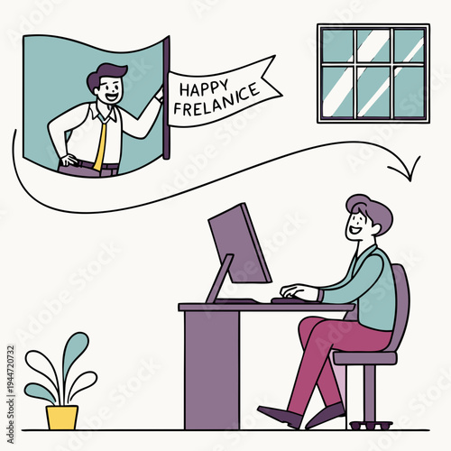 Office worker at desk. Moving banner with happy male company employee or entrepreneur working on computer. Freelancer works online or remotely in comfortable workspace. Graphic animated cartoon .