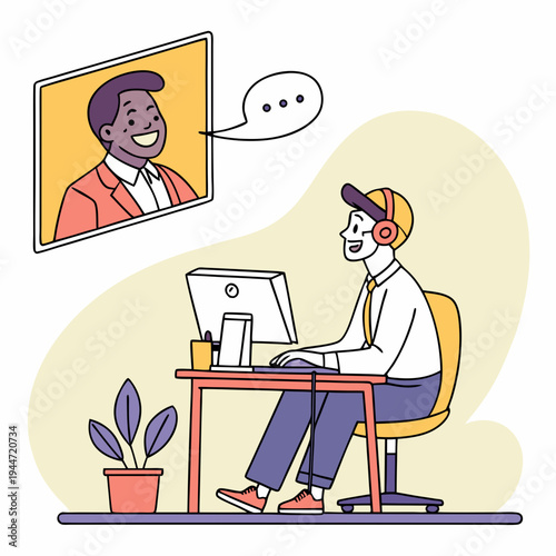 Office worker at desk. Moving banner with happy male company employee or entrepreneur working on computer. Freelancer works online or remotely in comfortable workspace. Graphic animated cartoon .