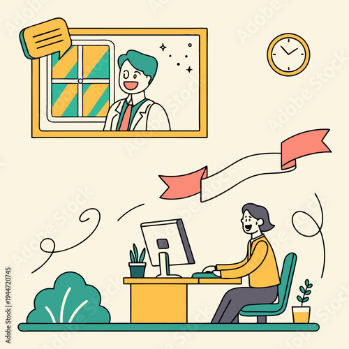 Office worker at desk. Moving banner with happy male company employee or entrepreneur working on computer. Freelancer works online or remotely in comfortable workspace. Graphic animated cartoon .