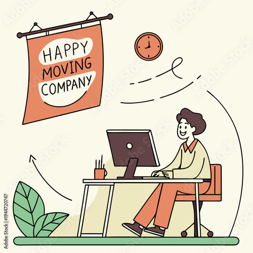 Office worker at desk. Moving banner with happy male company employee or entrepreneur working on computer. Freelancer works online or remotely in comfortable workspace. Graphic animated cartoon .