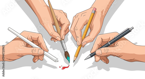 Hands holding art tools over white surface in creative collaboration concept