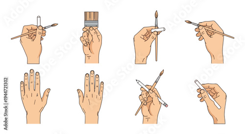 Hands holding various art tools brushes pencils and paintbrushes