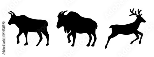 Discover silhouette art of wild animals: deer, antelope, and goat vector illustration design