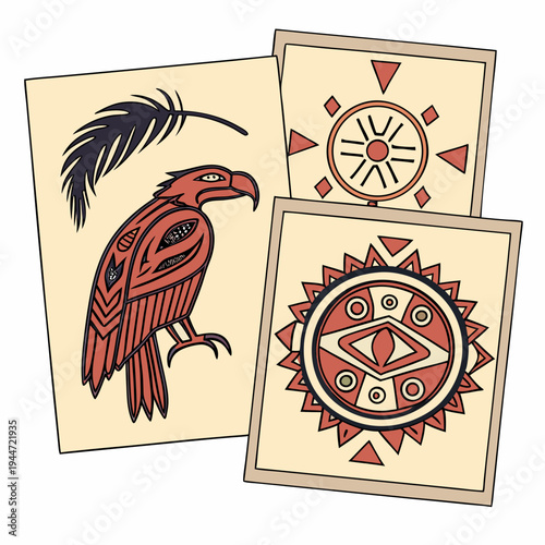 Ethnic posters set. Posters with ancient Aztec drawings, tribal ornaments and Navajo symbols. Design elements for interior. Hand drawn vector illustration collection isolated on white .