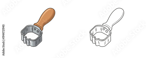 Cartoon cookie cutter tool for baking with wooden handle and metal frame in linear outline style represents culinary preparation and festive food making on white background