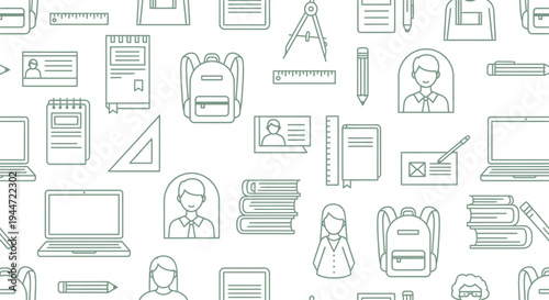 Seamless pattern of school supplies and students in outline design