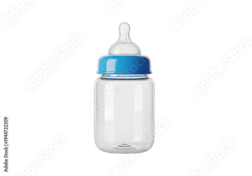 Empty baby bottle with blue cap and teat isolated on transparent background