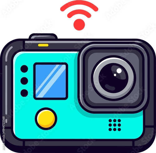 A cartoon image of a wi fi enabled action camera