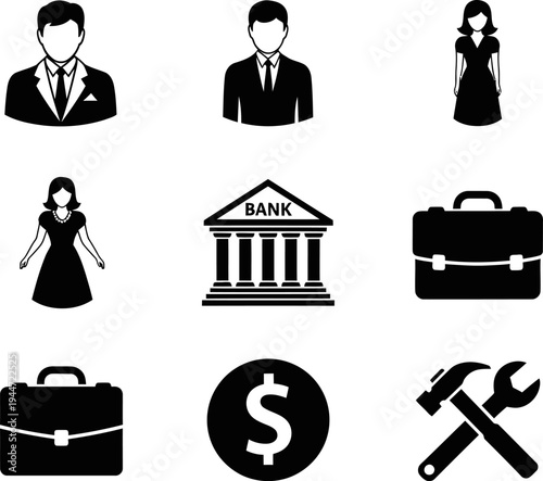 Business and finance icons with people and tools